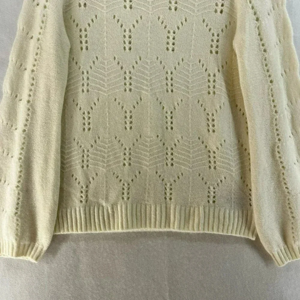 GAP Sweater Women's S Beige Cable-Knit Pointelle Crew Neck Ribbed Balloon Sleeve - Picture 8 of 13